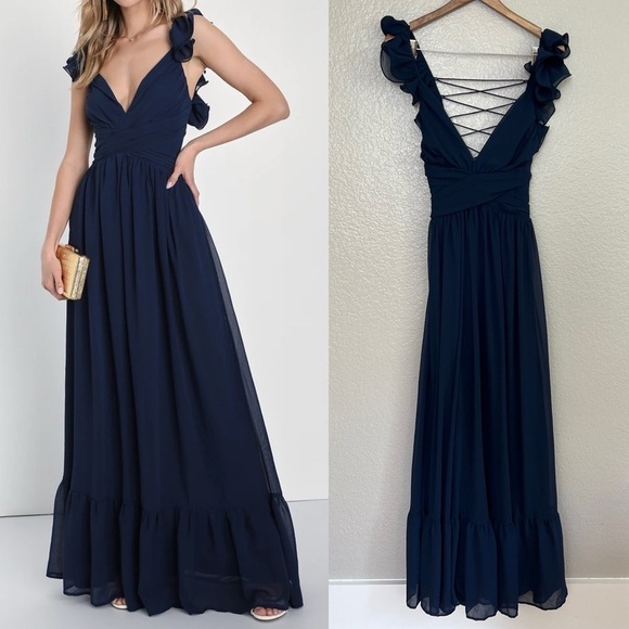 NWOT Soiree Celebration Navy Blue Ruffled Lace-Up Maxi Dress - Picture 1 of 9